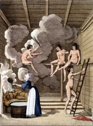 Personnages nus dans un sauna finlandais. Gravure de 1811 incluse dans un livre sur le voyage