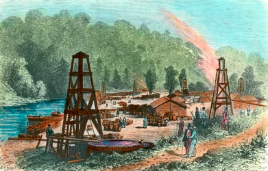Puits de pétrole à Tarr Farm en Pennsylvanie, USA. Gravure du XIXe siècle. Collection privée