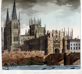 Extérieur de la cathédrale gothique de Sainte-Marie à Burgos en Espagne. Lithographie du 19ème siècle