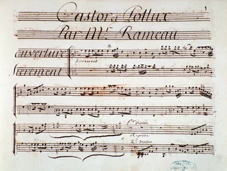 Page de partition musicale de Castor et Pollux, tragédie lyrique par Rameau (1737)