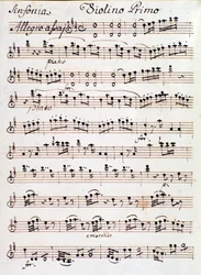 Page de la partition pour le premier violon de la Symphonie n. 4 en ré, par Mozart (1765)