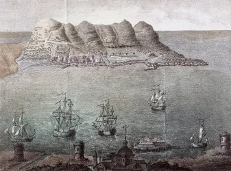 Vue panoramique de Gibraltar et du détroit de Gibraltar. XIXe siècle. Madrid, Bibliothèque nationale.