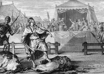 Pépin le Bref (714-768), le nouveau roi des Francs, prouve son courage en combattant un lion et un taureau dans une arène, 751. Gravure du XVIIIe siècle.