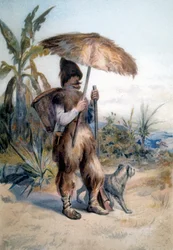 Représentation de Robinson Crusoé, personnage du roman du même nom par Daniel Defoe (1660 - 1731)