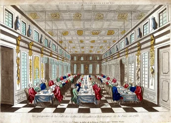 Vue perspective de la Salle des Festins de Versailles en célébration de la paix en 1763 entre la Grande-Bretagne, la France et l
