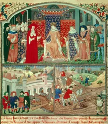 Philippe le Bel trônant (1268-1314) avec scène de labour et scène de marchand. Miniature dans « Livre du régime des princes » par Gilles de Rome (v.1247-1316), Paris, B N