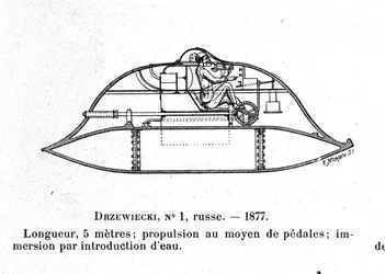 Planche représentant le sous-marin Drzewiecki 1, un sous-marin à pédales conçu par l