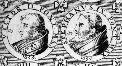 Papes Victor II (ou Victor 2 mort en 1057) et Étienne IX (ou Étienne 9 mort en 1058). Gravure du XVIIIe siècle.