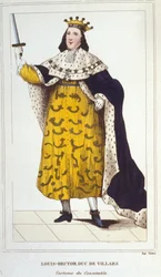 Portrait de Claude, Louis, Hector, Duc de Villars, Maréchal de France en costume de Connétable (1653-1734) gravure de 1830