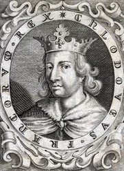Portrait de Clovis II (? - 657), roi de Neustrie, Bourgogne et Austrasie, gravure du XVIIIe siècle