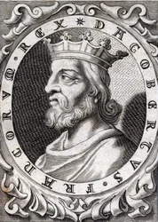 Portrait de Dagobert Ier (? - 639), roi des Francs, dynastie des Mérovingiens. Gravure du 18e siècle
