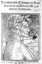 Portrait de Dante Alighieri (1265 - 1321), poète italien. Frontispice de « Il Convivio »