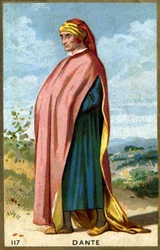 Portrait de Dante Alighieri, dit Dante (1265 - 1321), poète italien. Chromolithographie du 19e siècle.