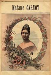 Portrait de Madame Cécile Dupont-White (1841-1898), mariée en 1863 à Sadi Carnot (1837-1894) président de la république française de 1887 à 1894. Gravure dans « Le petit journal illustré » 29/11/1890. Collection Selva.