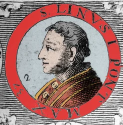 Portrait du pape Lin (Linus, San Lino) évêque de Rome et successeur de Pierre. 1er siècle. Gravure du 19e siècle.