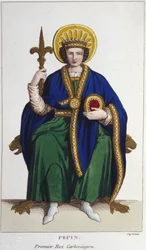 Portrait de Pépin le Bref (v. 714 - 768), roi des Francs, premier Carolingien. Gravure de 1830