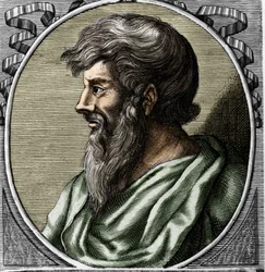 Portrait de Pythagore (vers 570 - vers 480 av. J.-C.), mathématicien et philosophe grec. Gravure du XVIIIe siècle