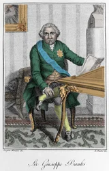 Portrait de Sir Joseph Banks (1743-1820), explorateur et naturaliste anglais. Gravure en couleur