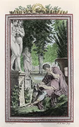 Portrait de Titus Lucretius Carus (Lucrèce) philosophe et poète romain dans « De Rerum natura », Gravure du 18ème siècle.