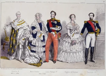 Portrait des Bourbons. De gauche à droite : Charles X (1757-1836), Marie Amélie (1782-1866), Louis Philippe Ier (1773-1850), Eugénie de Guzman (1826-1920) et Napoléon III (1808-1873)