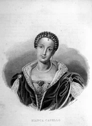Portrait de la Vénitienne Bianca Cappello (1548 - 1587), épouse de François de Médicis. Gravure du 19ème siècle.