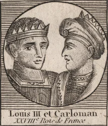 Portraits de Louis III (863/65-882) roi des Francs entre 879 et 882 et Carloman II (866-884), roi des Francs de 879 à 884 - Louis III roi de Francie occidentale et Carloman II, roi de Francie occidentale - gravure de « Instruction sur l