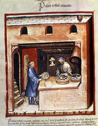 Préparation de poissons marins au vinaigre. Enluminure du « Tacuinum sanitatis »