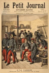 Préparation aux manœuvres sur la neige : au lieu de porter des lunettes aux verres fumés, les soldats sont couverts de suie noire. Gravure dans « Le Petit Journal », 17/03/1895. Collection Selva.