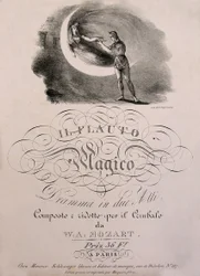 Le prince Tamino reçoit la flûte enchantée de la Reine de la Nuit, illustration de couverture du livre de partition de « La flûte enchantée » (Die Zauberflöte) (1791) de W.A. Mozart (1756-1792). Collection Leonard de Selva.