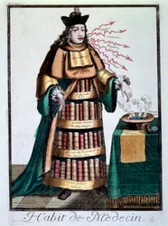 Profession : "la robe du médecin" Un homme portant les livres de Galien, Avicenne désignant un bassin contenant un liquide, une prescription et citant des traitements. Gravure du 18ème siècle Paris, Musée Carnavalet