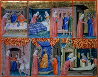 Psaume 88 : Charité. Femme servant deux pauvres à table, visitant un malade, donnant à boire à deux prisonniers, accueillant des voyageurs, donnant des vêtements, achetant des captifs et enterrant un mort. Miniature dans le Psautier de Canterbury (f.156v),