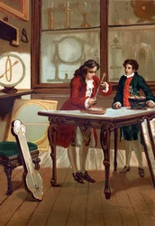 René Antoine Ferchault de Réaumur (1683-1757), chimiste et physicien français, construisant son thermomètre en 1730. D