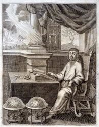René Descartes (1596 - 1650) dans son bureau avec du matériel scientifique. Gravure du 17ème siècle