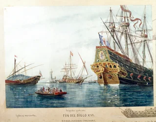 Représentation de navires italiens, galères, brigantins du 16e siècle