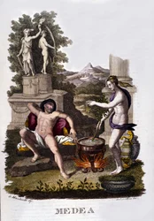 Représentation de Médée préparant ses malédictions après le cycle des Argonautes. Gravure du 19ème siècle.