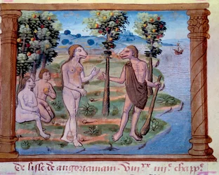 Représentation de créatures monstrueuses avec un corps humain et une tête de chien. Miniature tirée de « Histoire des Mongols appelés par nous Tartares, description des coutumes, géographie, histoire et figures éminentes du peuple mongol »