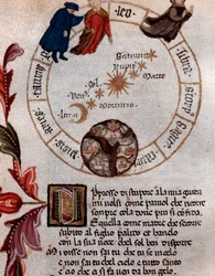 Représentation du poète italien Dante Alighieri et du système ptolémaïque - Miniature