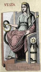 Représentation de la déesse romaine Vesta, divinité des Pénates, assimilée à Hestia, déesse du foyer, de la campagne et du pain.