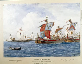 Représentation de la flotte de Guillaume le Conquérant au XIe siècle, navires de guerre, de commerce, de transport de passagers
