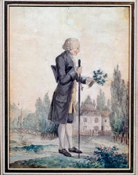 Représentation du philosophe Jean-Jacques Rousseau (1712-1778) cueillant des fleurs à Ermenonville. Aquarelle du XVIIIe siècle. Paris, Musée Carnavalet