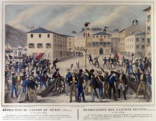 Révolution du canton du Tessin en Suisse le 5 décembre 1859. Gravure du 19ème siècle.