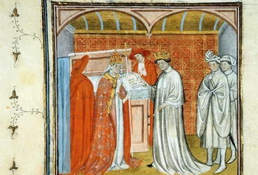 Robert II le Pieux (ca. 972-1031) - Enluminure de manuscrit sur vélin du Moyen Âge « Grandes Chroniques de Saint-Denis » fin du 14e siècle (ref. 512)