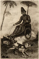 Robinson Crusoé sur son chariot tiré par six dogues, gravure insérée dans « Les aventures de Robinson Crusoé » de Daniel Defoe
