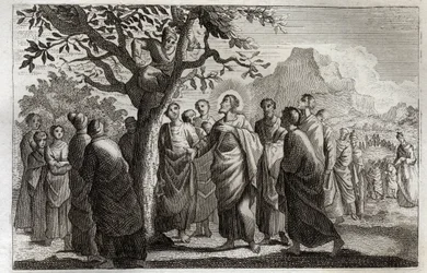 Bible de Royaumont, Nouveau Testament : Conversion de Zachée. Jésus-Christ parlant avec Zachée perché sur le sycomore. Illustration de 1811