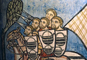 ESPAGNE. CASTILLE ET LEÓN. Valladolid. Monastère de San Bernardo de Valbuena. Groupe de soldats chrétiens à cheval. École castillane. XIVe siècle. Fresque sur « La Reconquista ». Art gothique