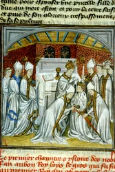 Sacre de Louis VI (1108) - Enluminure du manuscrit médiéval sur vélin « Grandes Chroniques de Saint-Denis », fin du XIVe siècle (réf. 512)