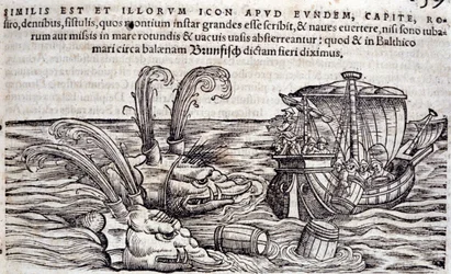 Des marins jettent des tonneaux à la mer pour distraire les monstres en poursuite. Gravure dans « Historia Animalium » de Conrad Gesner