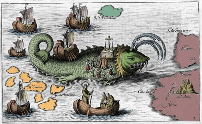 Saint Brendan (Brandan), héros et saint irlandais du VIe siècle, célébrant la messe sur le dos de la baleine géante Jasconius. La légende raconte que son bateau fut porté sur le dos d