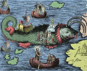 Saint Brendan (Brandan), héros et saint irlandais du 6ème siècle, célébrant la messe sur le dos de la baleine géante Jasconius. La légende dit que son bateau était porté sur le dos d