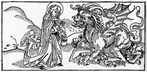Sainte Marthe et la Tarasque - Gravure de « Leben der Heiligen - sommerteil » (Le livre des saints) par Jacobus (Jacques) de Voragine (1228-1298). Lübeck 1488